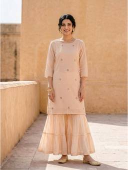 Missprint - Peach Silk Chanderi Kurta with Muslin Sharara