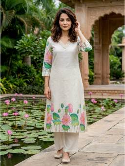 Missprint - Ivory Hand-Painted Lotus Chanderi Silk Kurta with Pant