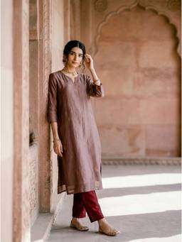 Missprint - Mauve Embroidered Silk Chanderi Kurta with Pant
