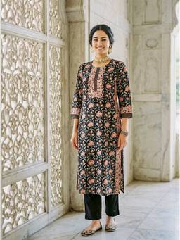 Missprint - Black Floral Hand Block Print Silk Chanderi Kurta with Pant