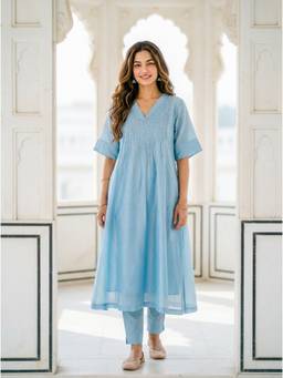 Missprint - Powder Blue Pintucked Silk Chanderi Kurta with Dola Silk Pant