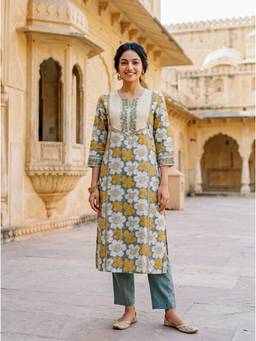 Missprint - Sage Grey Floral Hand Block Print Cotton Kurta with Pant