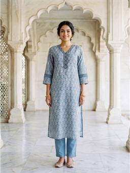 Missprint - Dusty Blue Block Print Silk Chanderi Kurta with Pant
