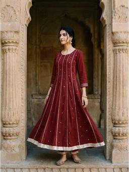 Missprint - Maroon Embroidered Premium Modal Anarkali Kurta with Pant