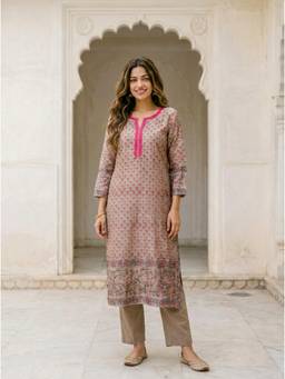 Missprint - Beige Hand Block Print Silk Chanderi Kurta with Pant
