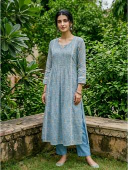 Missprint - Light Blue Hand Block Print Kota Doria Kurta with Pant