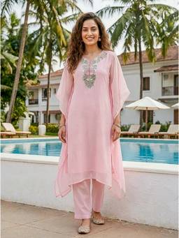 Missprint - Pink Embroidered Organza Kaftan with Pant
