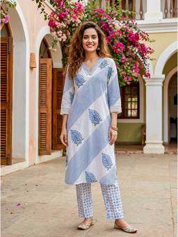 Missprint - White Hand Block Print Cotton Kurta with Pant