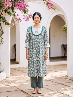 Missprint - Sage Green Hand Block Print Cotton Kurta with Pant