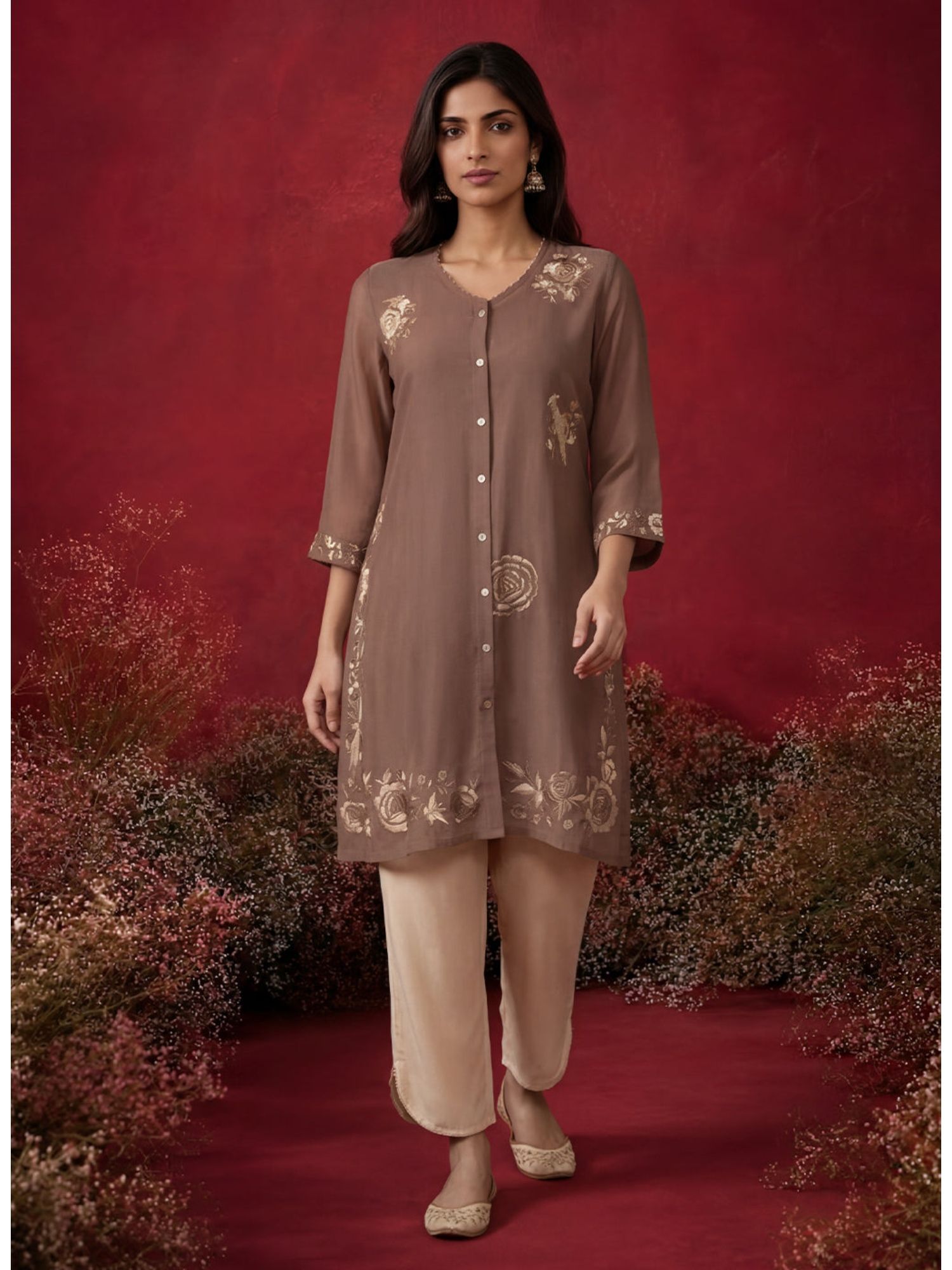 lakshita Mashroom Brown Embroidered Mul Chanderi Co-Ord Set-picture-13
