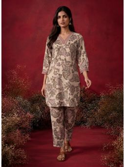 Lakshita - Cream Printed Cotton-Blend Kurta with Pant