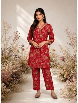 Lakshita - Dark Red Printed Cotton-Blend Kurta with Pant