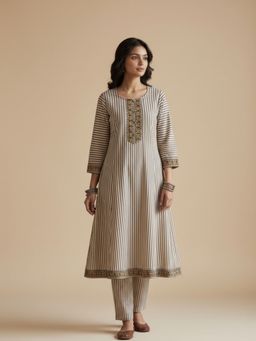 Meeta's - Black Hand Block Printed Cotton Striped Kurta and Pant