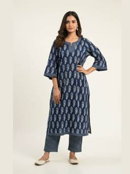 Meeta's - Blue Hand Block Printed Cotton Kurta and Pant