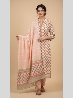 Meeta's - Pink Hand Block Printed Cotton Kurta and Pant with Dupatta