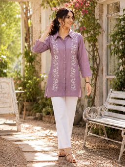 Nayam by lakshita - Lavender Cotton Embroidered Straight Kurti