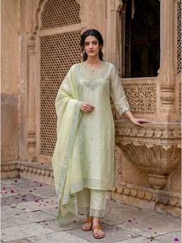 Missprint - Sage Green Silk Chanderi Kurta with Pant and Organza Dupatta