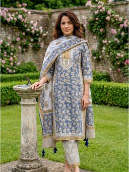 Missprint - Dusty Blue Hand Block Print Cotton Kurta with Afghani Salwar and Dupatta