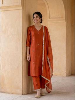 Missprint - Rust Silk Chanderi Kurta with Cotton Pant and Dupatta