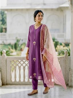 Missprint - Purple Chanderi Silk Kurta with Pant and Block Print Dupatta