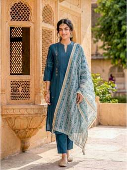 Missprint - Teal Silk Chanderi Kurta with Pant and Chanderi Dupatta