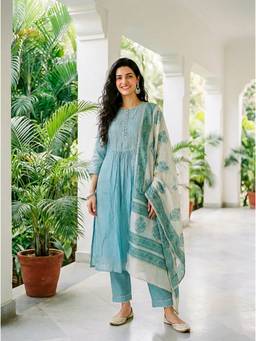 Missprint - Aqua Pitta-Work Silk Chanderi Kurta with Pant and Block Print Dupatta