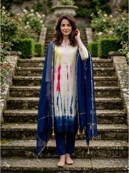 Missprint - Ivory Tie-Dye Silk Chanderi Kurta with Blue Cotton Pant and Chanderi Dupatta