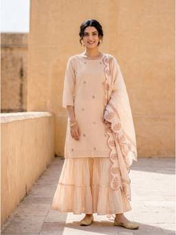 Missprint - Peach Silk Chanderi Kurta with Muslin Sharara and Chanderi Dupatta