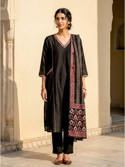 Missprint - Black Embroidered Silk Chanderi Kurta with Pant and Dupatta