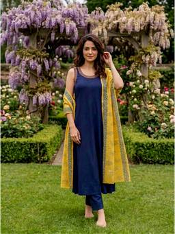 Missprint - Indigo Modal Kurta with Pant and Mustard Chanderi Dupatta