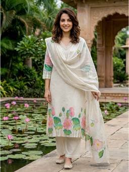 Missprint - Ivory Hand-Painted Lotus Chanderi Silk Kurta with Pant and Chanderi Dupatta