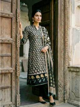 Missprint - Dark Green Hand Block Print Silk Chanderi Kurta with Pant and Dupatta