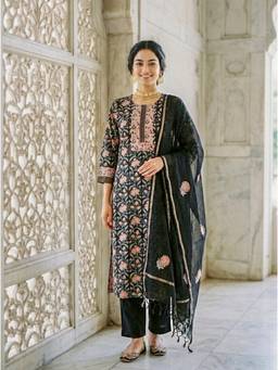 Missprint - Black Floral Hand Block Print Silk Chanderi Kurta with Pant and Dupatta