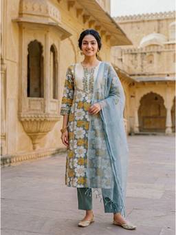 Missprint - Sage Grey Floral Hand Block Print Cotton Kurta with Pant and Kota Dupatta