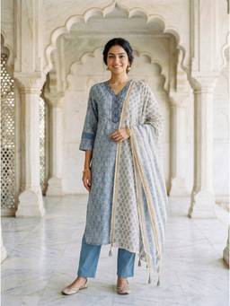 Missprint - Dusty Blue Block Print Silk Chanderi Kurta with Pant and Chanderi Dupatta