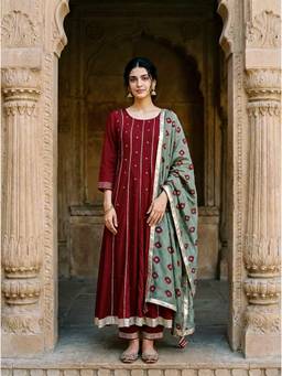 Missprint - Maroon Embroidered Premium Modal Anarkali Kurta with Pant and Dupatta