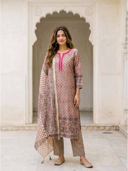 Missprint - Beige Hand Block Print Silk Chanderi Kurta with Pant and Dupatta