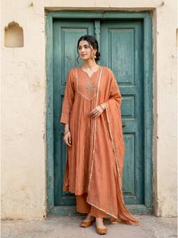 Missprint - Rust Embroidered Mal Silk Chanderi Kurta with Pant and Dupatta