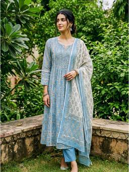 Missprint - Light Blue Hand Block Print Kota Doria Kurta with Pant and Dupatta