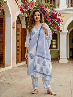 Missprint - White Hand Block Print Cotton Kurta with Pant and Kota Dupatta