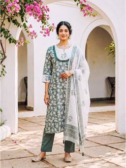 Missprint - Sage Green Hand Block Print Cotton Kurta with Pant and Kota Dupatta