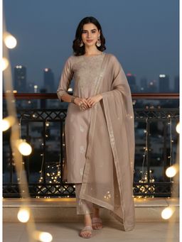 The Suitable - Mocha Mousse Zari Resham Embroidered Kurta with Pant and Dupatta