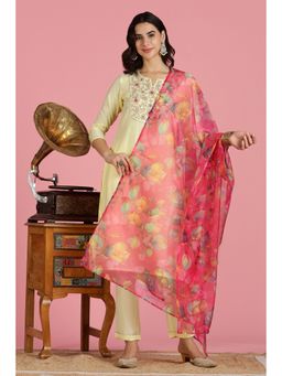 The Suitable - Yellow Resham Zari Floral Embroidered Kurta with Pant and Dupatta