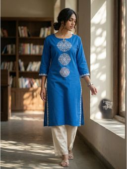 The Suitable - Hazel Blue Floral Medallion Thread Embroidery Kurta with Pant