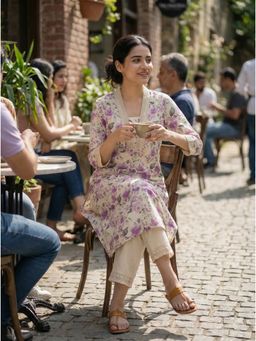 The Suitable - Hazel Purple Floral Printed Crochet Lace Detailing Kurta with Pant