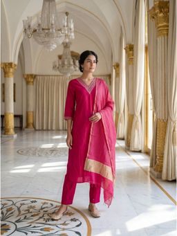 The Suitable - Pink Zari Embroidered At Neck Kurta with Pant and Dupatta