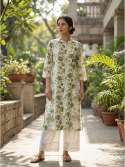 The Suitable - Lily Meadow White Floral Viscose Kurta and Pant with Elegant Lace Accents
