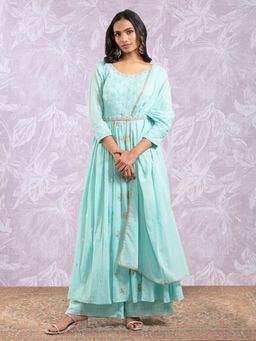 Likha - Filigree Turquoise Mirror Work Kurta, Palazzo, Dupatta & Belt LIKSKD108 (Set of 4)