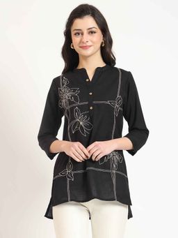 Divena - Black Embroidery Cotton Fabric Straight Top