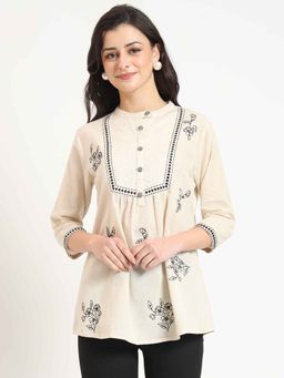 Divena - Off White Cotton Mandarin Neck Embroidery Top